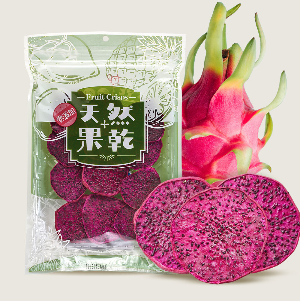 100%無添加果乾系列產品包裝照，主打日本真空乾燥技術