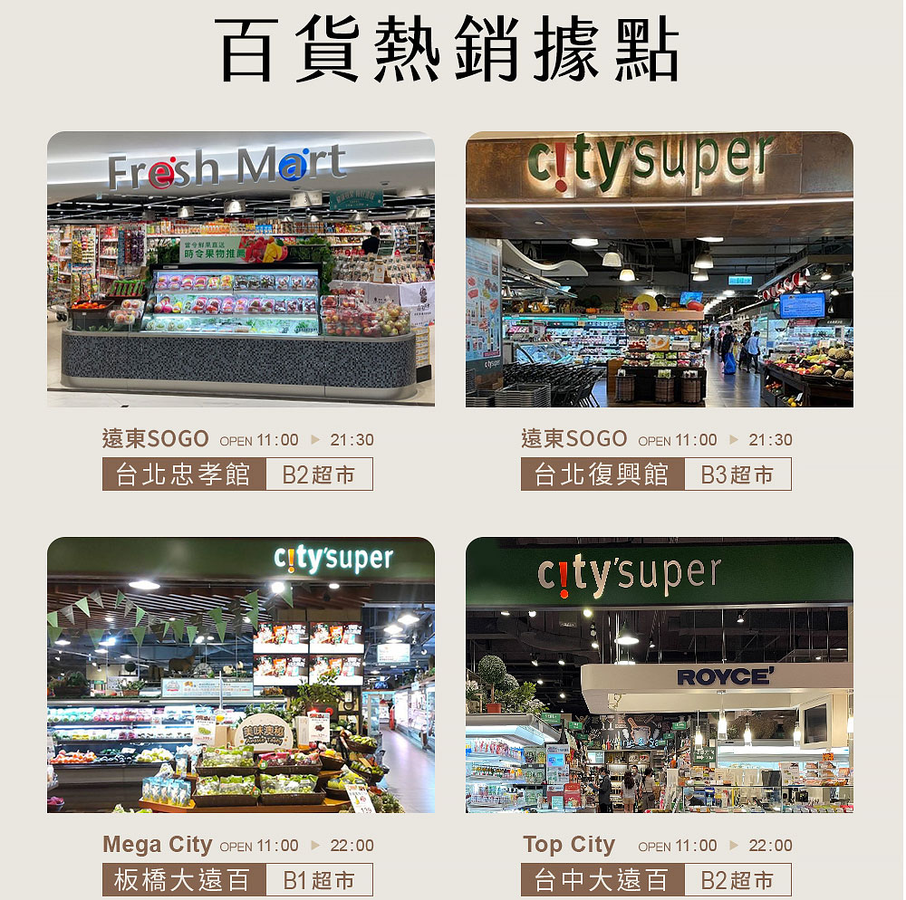 果乾品牌百貨據點展示圖，實體銷售通路包含台北SOGO忠孝館B2、復興館B3、板橋大遠百B1、台中大遠百B2、新光三越台南西門B2等超市通路，圖中呈現東青天然果乾專櫃實景照片，強調品牌實體通路據點與人氣熱銷擺設。